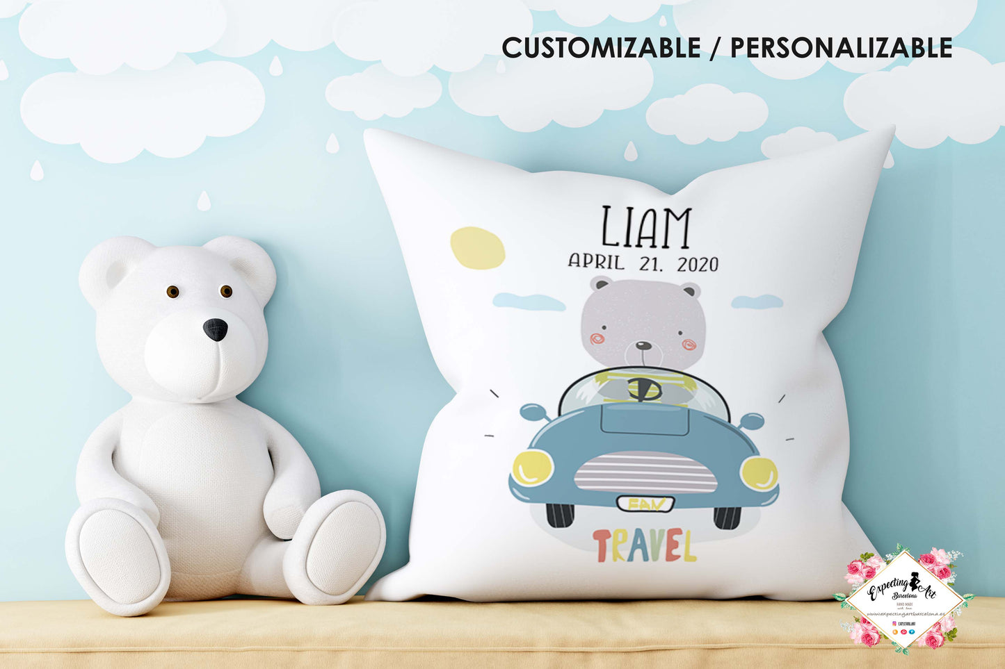 Cojín Cuadrado Personalizado con Nombre | Decoración Liam conductor| Almohada de Poliéster de 40x40cm y 35x35cm