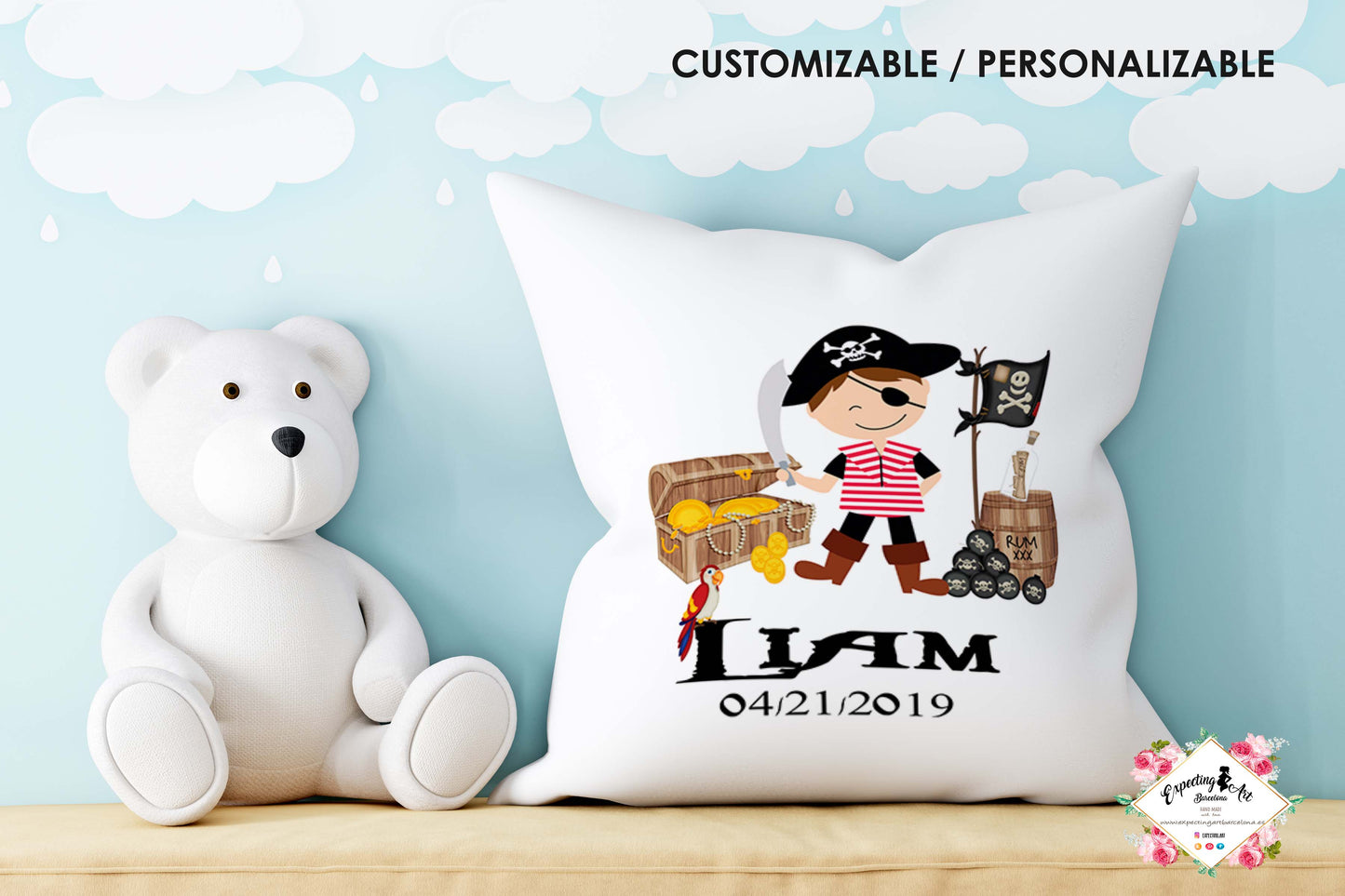 Cojín Cuadrado Personalizado con Nombre | Decoración Pirata Liam | Almohada de Poliéster de 40x40cm y 35x35cm