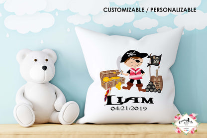 Cojín Cuadrado Personalizado con Nombre | Decoración Pirata Liam | Almohada de Poliéster de 40x40cm y 35x35cm