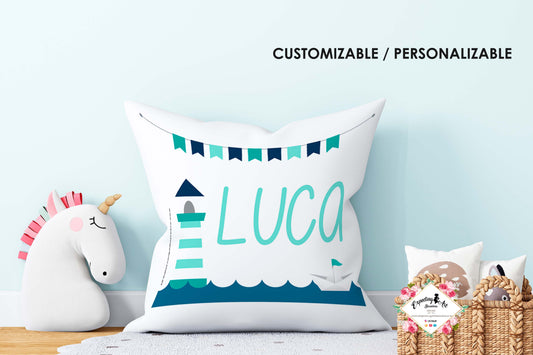 Cojín Cuadrado Personalizado con Nombre | Decoración Faro Luca| Almohada de Poliéster de 40x40cm y 35x35cm