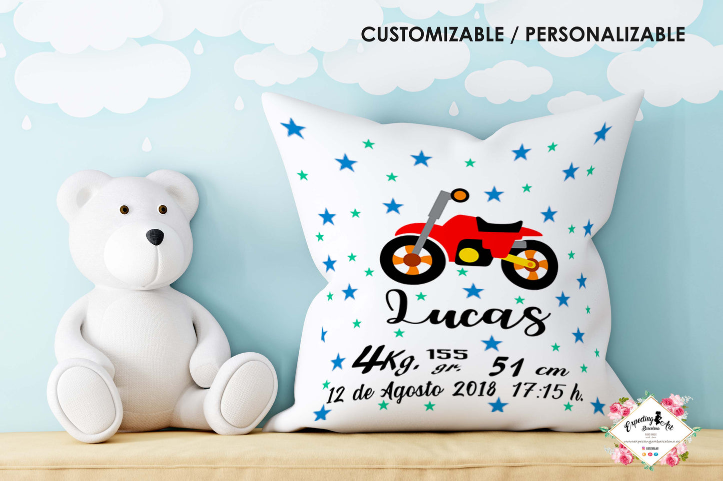 Cojín nacimiento de bebé personalizado con nombre y datos Bebé | Modelo Moto Lucas | Funda desenfundable (35cm x 35cm 40cm x 40cm)