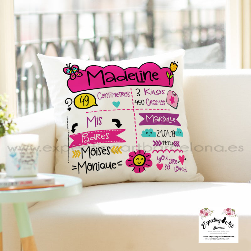Cojín nacimiento de bebé personalizado con nombre y datos Bebé | Modelo Adara| Funda desenfundable (35cm x 35cm 40cm x 40cm)