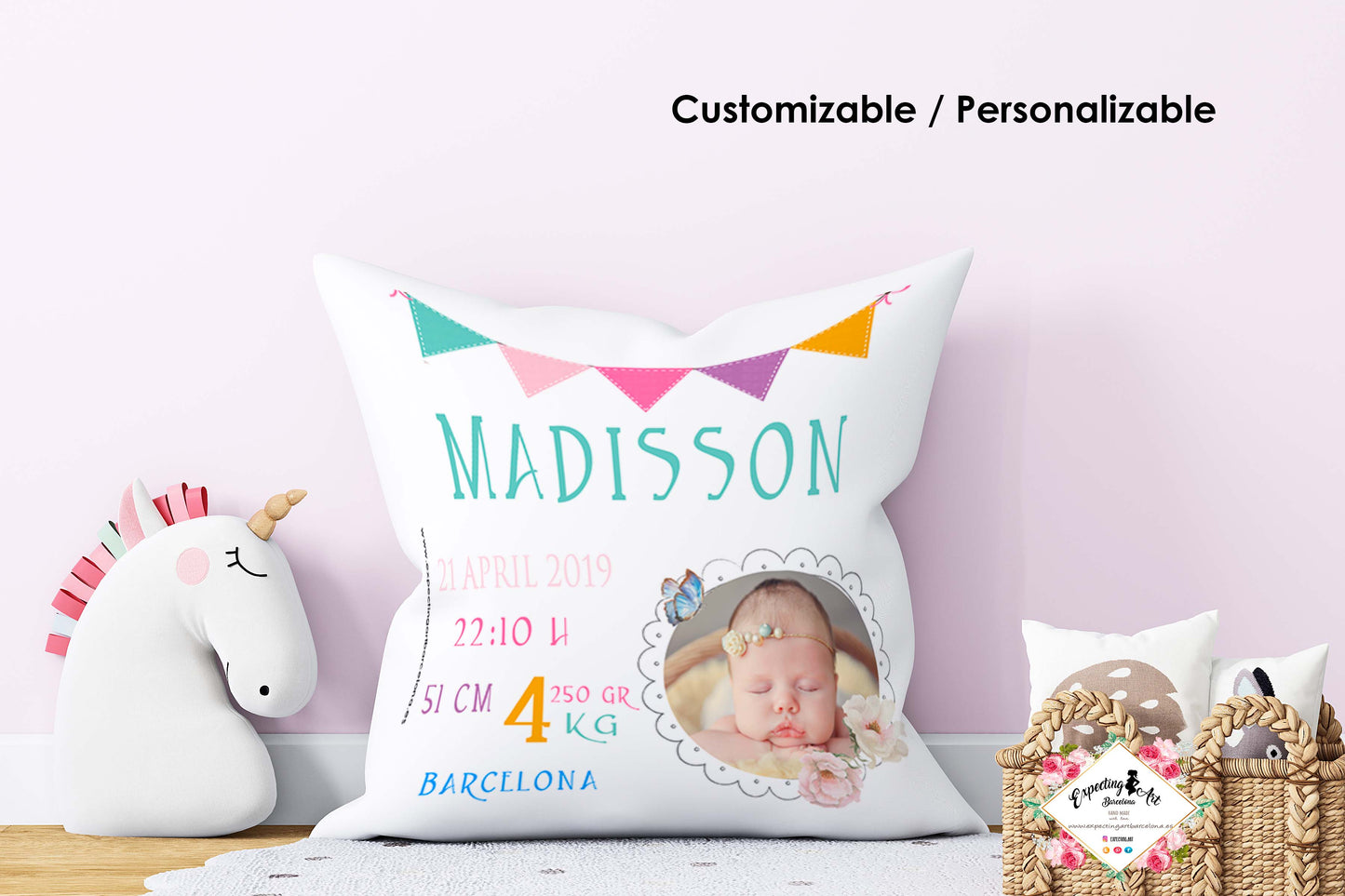Cojín nacimiento de bebé personalizado con nombre, foto y datos Bebé | Modelo Madison | Funda desenfundable (35cm x 35cm 40cm x 40cm)