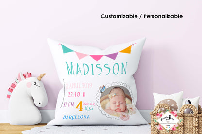 Cojín nacimiento de bebé personalizado con nombre, foto y datos Bebé | Modelo Madison | Funda desenfundable (35cm x 35cm 40cm x 40cm)