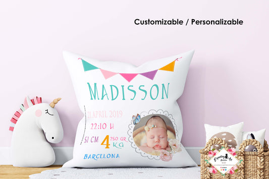 Cojín nacimiento de bebé personalizado con nombre, foto y datos Bebé | Modelo Madison | Funda desenfundable (35cm x 35cm 40cm x 40cm)
