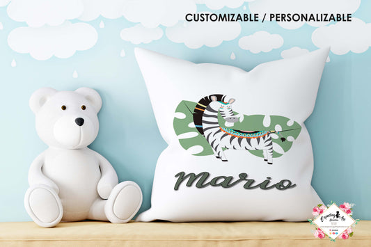 Cojín Cuadrado Personalizado con Nombre | Decoración Modelo Mario cebra  | Almohada de Poliéster de 40x40cm y 35x35cm