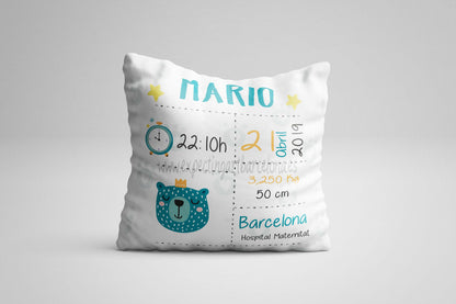 Cojín nacimiento de bebé personalizado con nombre y datos Bebé | Modelo Oso Mario | Funda desenfundable (35cm x 35cm 40cm x 40cm)
