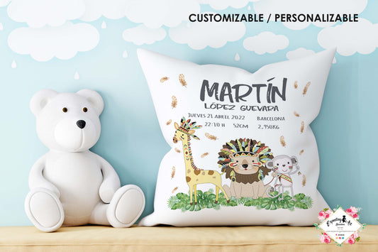 Cojín nacimiento de bebé personalizado con nombre y datos Bebé | Modelo Martin selva | Funda desenfundable (35cm x 35cm 40cm x 40cm)