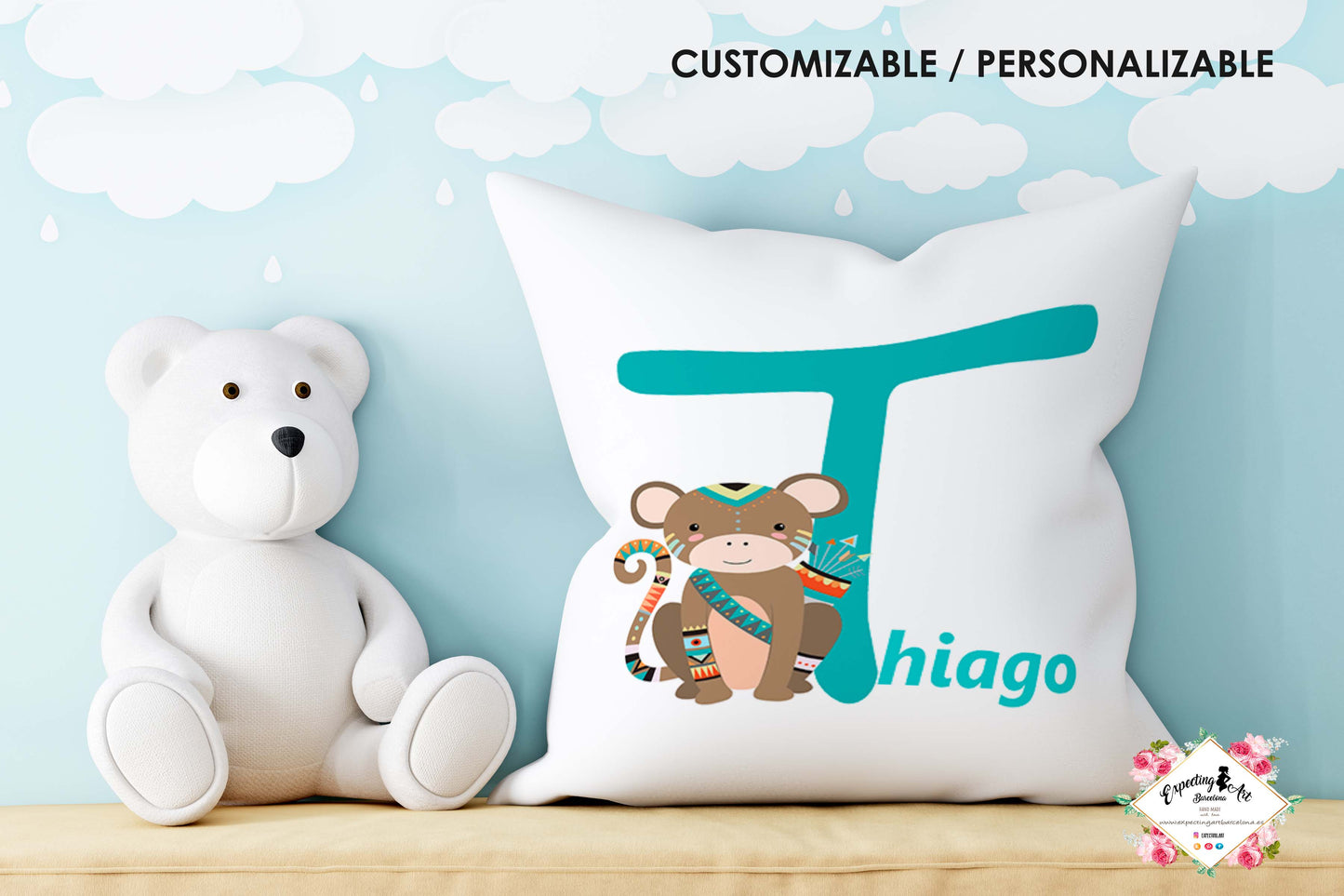 Cojín Cuadrado Personalizado con Nombre | Decoración Monito Thiago  | Almohada de Poliéster de 40x40cm y 35x35cm