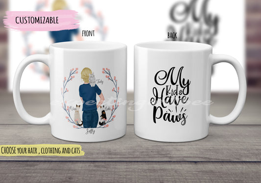 Taza Personalizada de Cerámica con Gato y Dueña- Modelo Mis hijos tienen patitas  - Taza Bonita de Amantes de Gatitos en Acuarela - Personalizable con Nombres