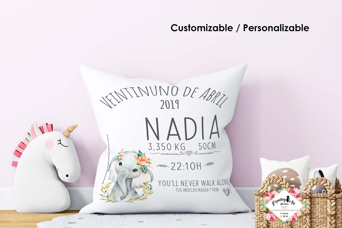Cojín nacimiento de bebé personalizado con nombre y datos Bebé | Modelo Nadia elefantita | Funda desenfundable (35cm x 35cm 40cm x 40cm)