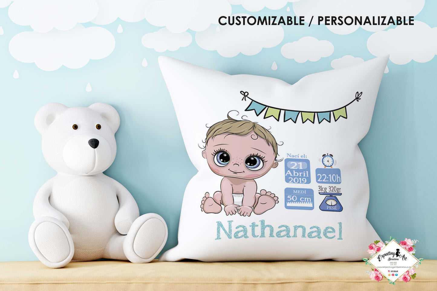 Cojín nacimiento de bebé personalizado con nombre y datos Bebé | Modelo bebé Nathanael | Funda desenfundable (35cm x 35cm 40cm x 40cm)