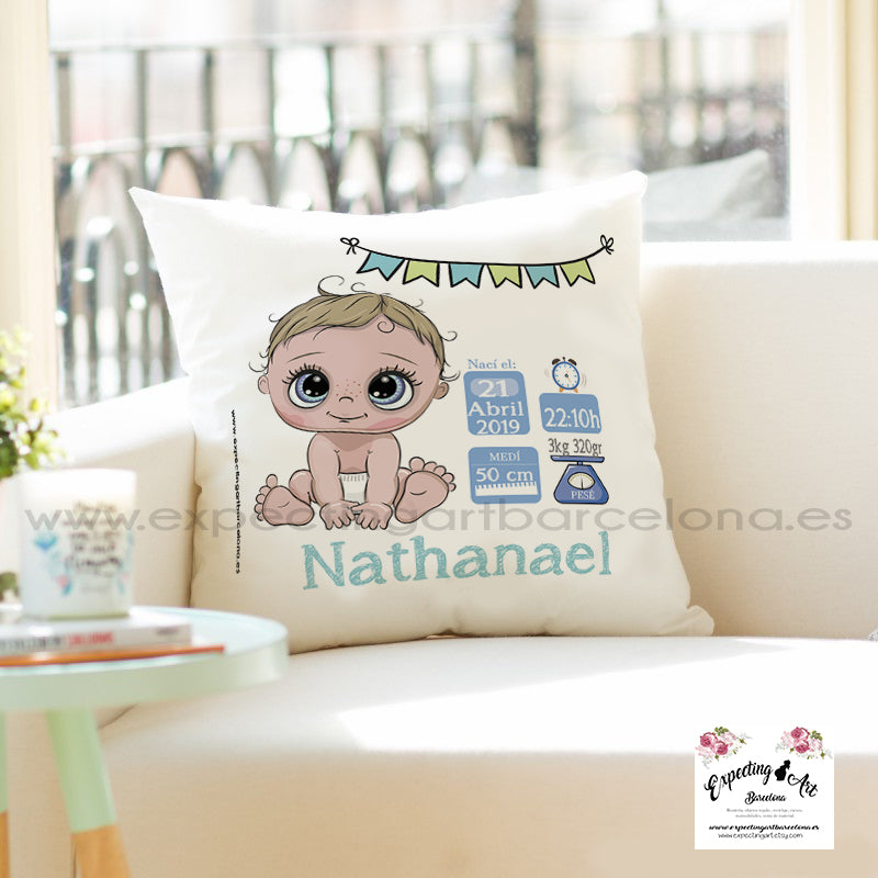 Cojín nacimiento de bebé personalizado con nombre y datos Bebé | Modelo bebé Nathanael | Funda desenfundable (35cm x 35cm 40cm x 40cm)