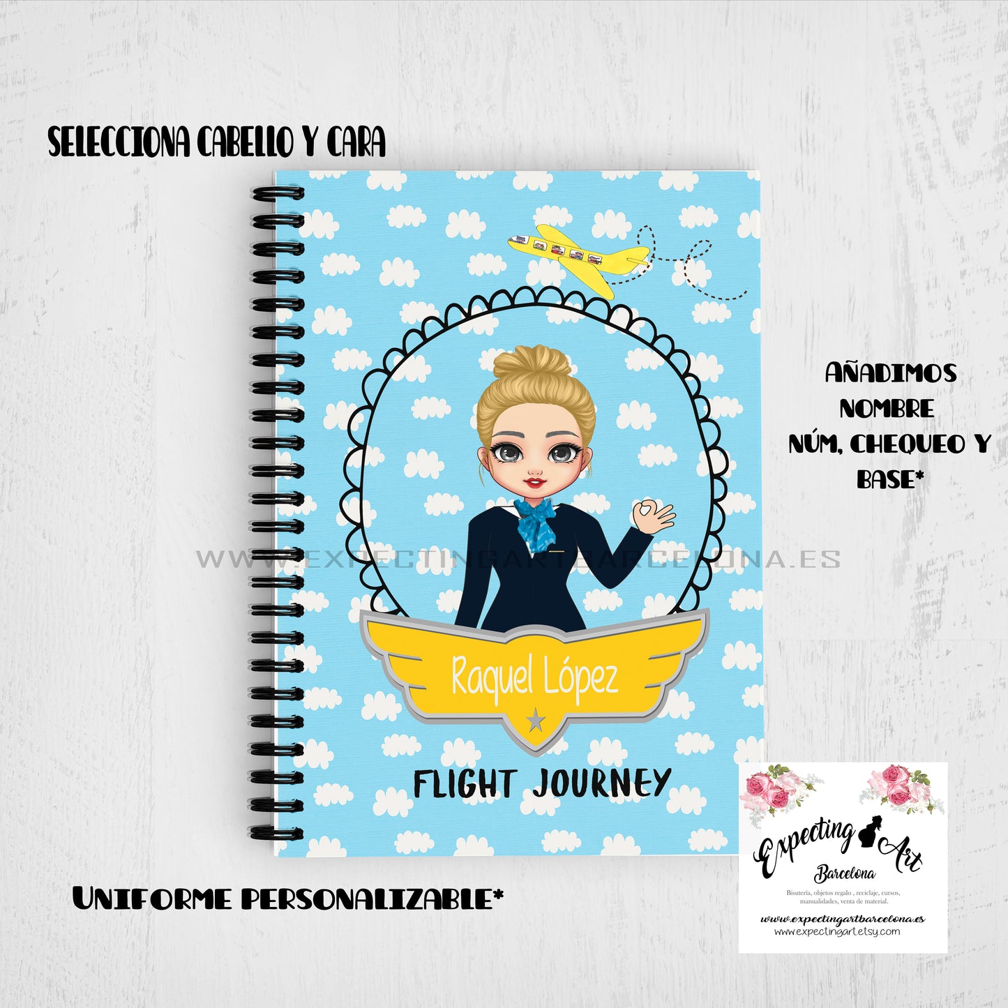 Agenda de vuelo para cabin crew personalizable. Modelo Nubes azules.