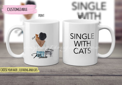 Taza Personalizada de Cerámica con Gato y Dueña- Modelo " Single with cats" - Taza Bonita de Amantes de Gatitos en Acuarela - Personalizable con Nombres