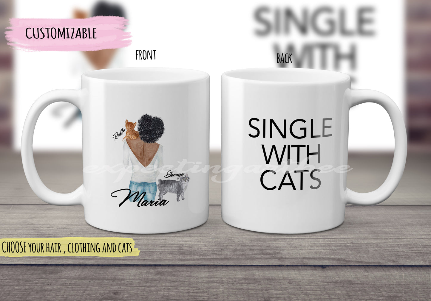 Taza Personalizada de Cerámica con Gato y Dueña- Modelo " Single with cats" - Taza Bonita de Amantes de Gatitos en Acuarela - Personalizable con Nombres