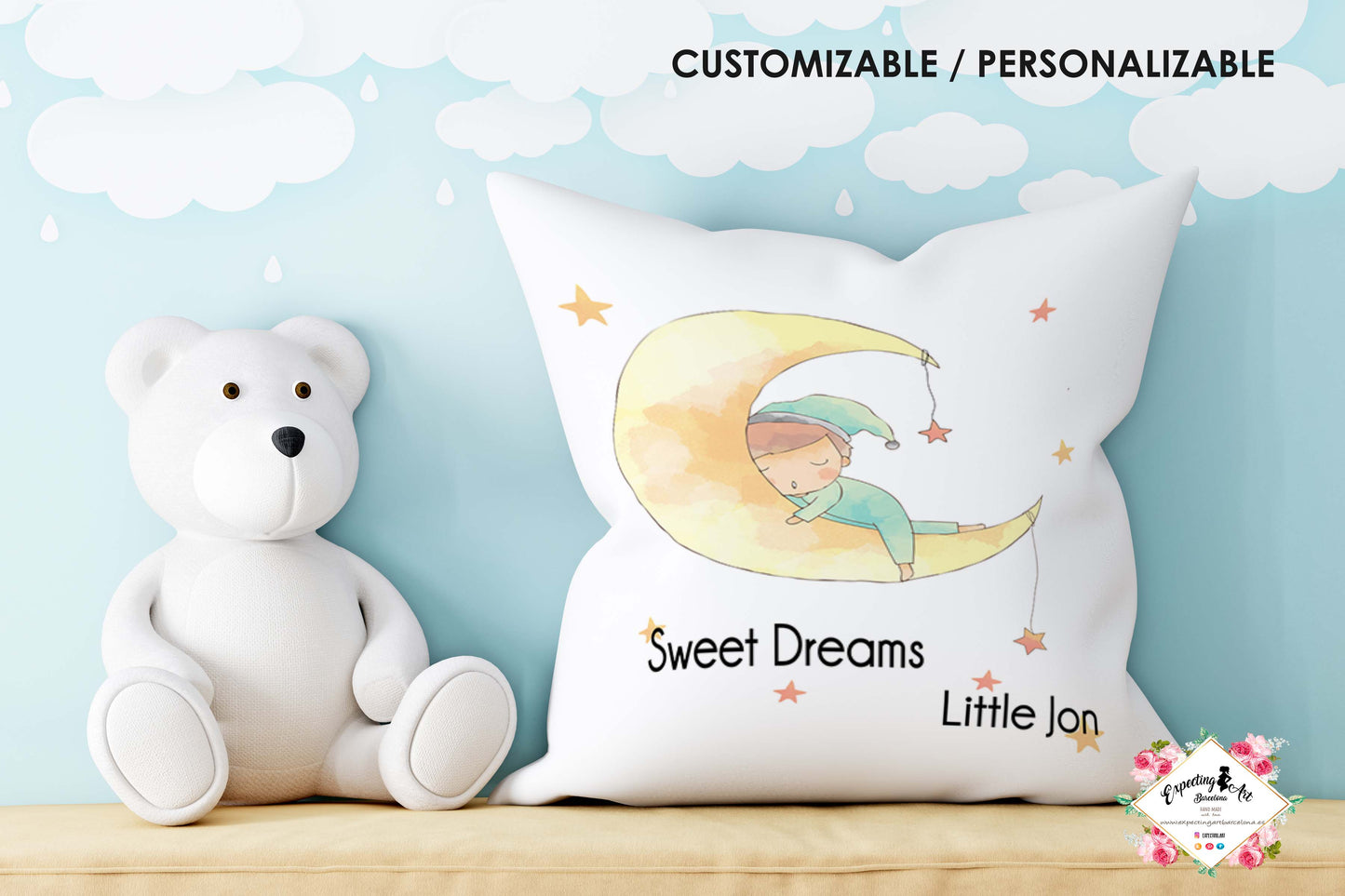 Cojín Cuadrado Personalizado con Nombre | Decoración Modelo buenas noches little Jon  | Almohada de Poliéster de 40x40cm y 35x35cm
