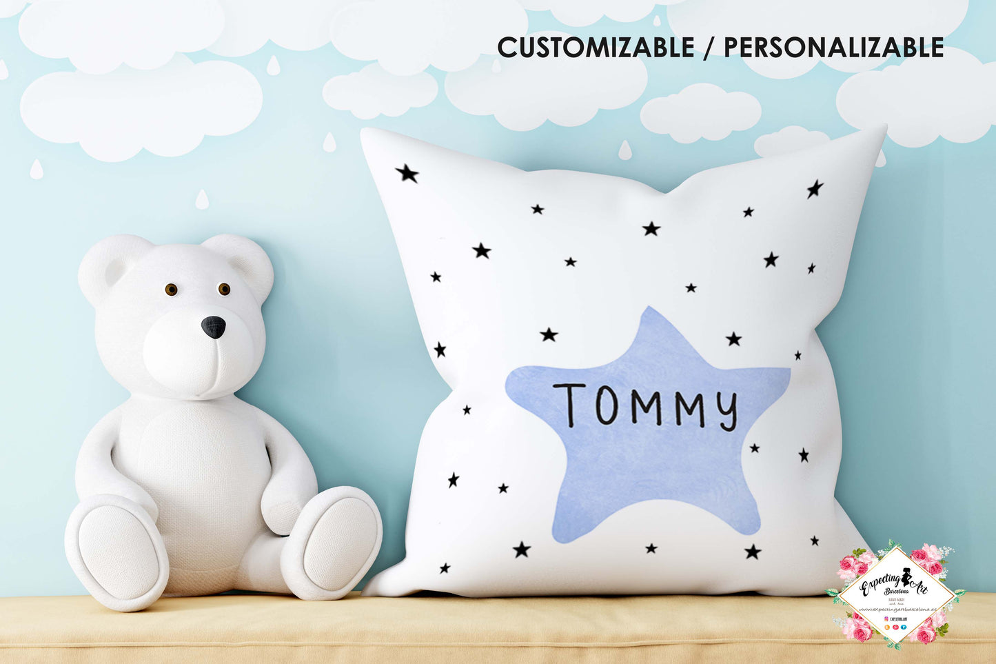 Cojín Cuadrado Personalizado con Nombre | Decoración Modelo Estrella azul   | Almohada de Poliéster de 40x40cm y 35x35cm