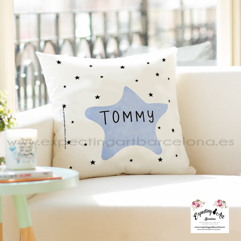 Cojín Cuadrado Personalizado con Nombre | Decoración Modelo Estrella azul   | Almohada de Poliéster de 40x40cm y 35x35cm