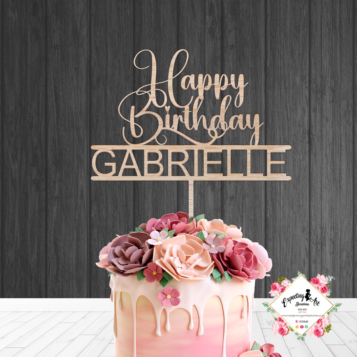 Adorno Personalizado para Pastel de Cumpleaños - Hecho en Madera