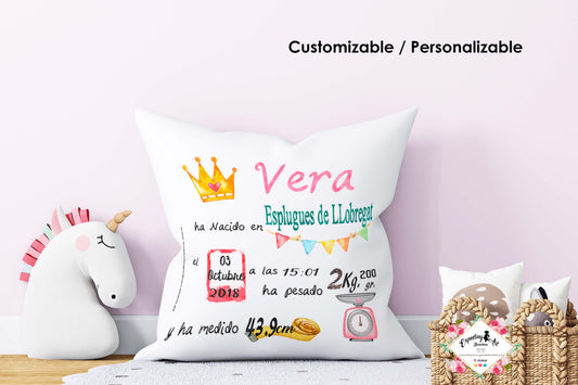 Cojín nacimiento de bebé personalizado con nombre y datos de nacimiento| Modelo Vera Acuarela | Funda desenfundable (35cm x 35cm 40cm x 40cm)