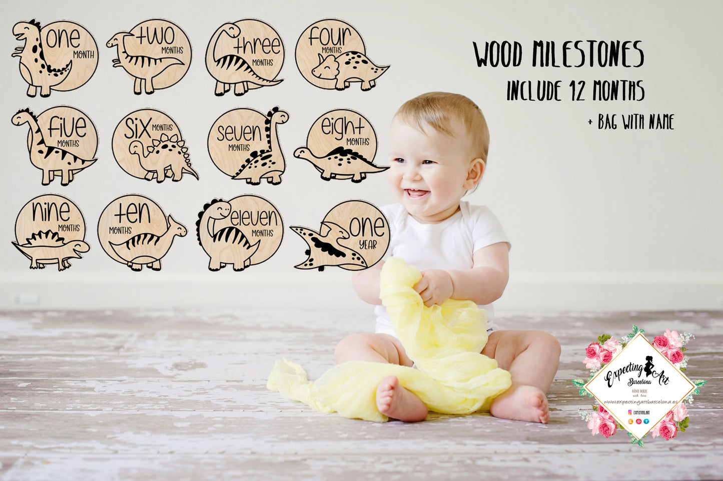 Hitos Mensuales de Dinosaurios en Madera para Bebés