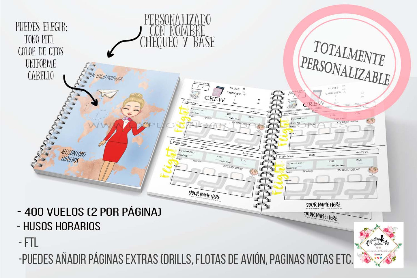 Agenda de vuelo para cabin crew personalizable. Modelo " Mapa Dorado".