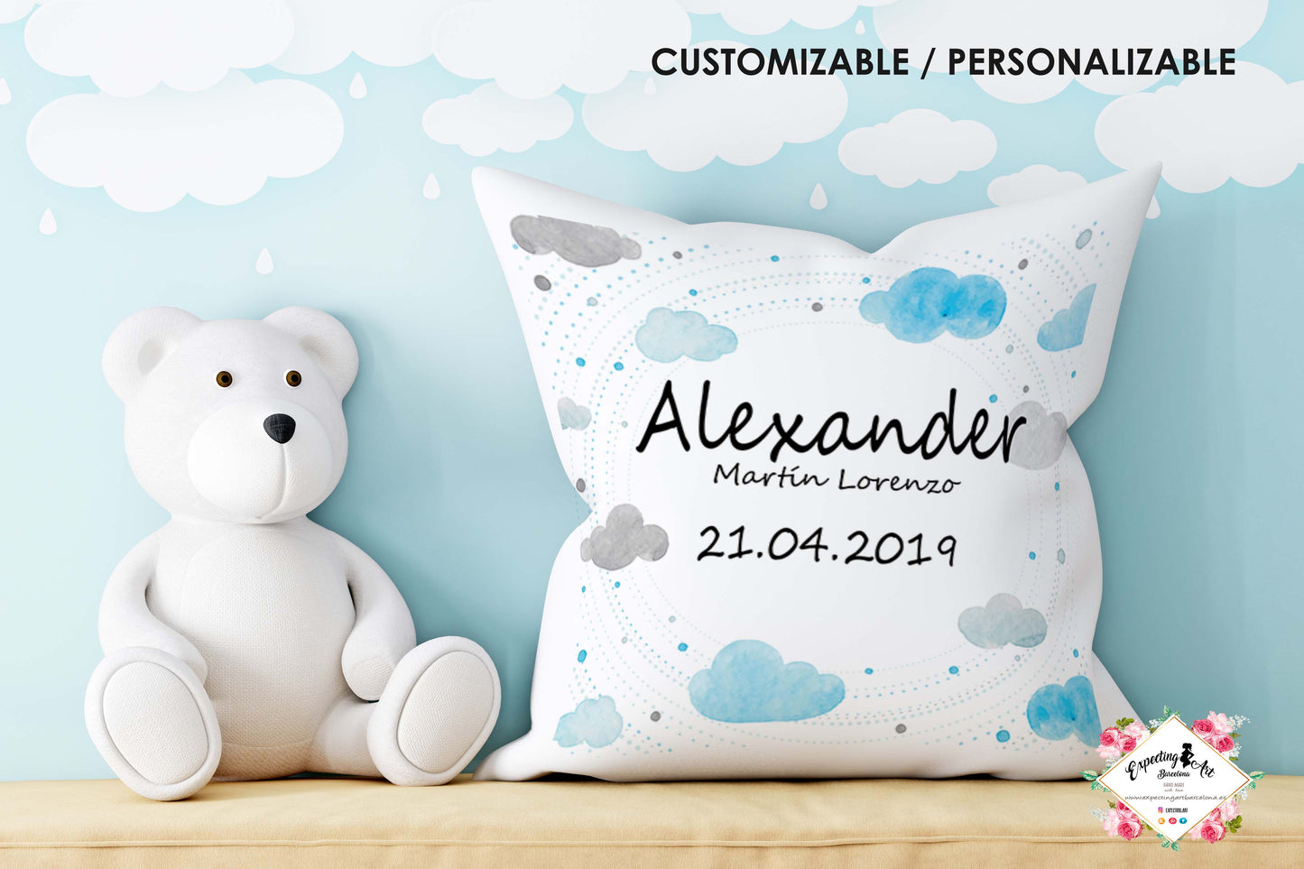 Cojín nacimiento de bebé personalizado con nombre| Modelo nubes Alexander |  Funda desenfundable (35cm x 35cm 40cm x 40cm)