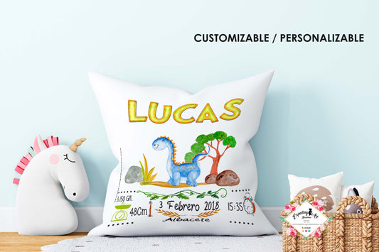 cojín personalizado con datos de nacimiento, diplodocus azul