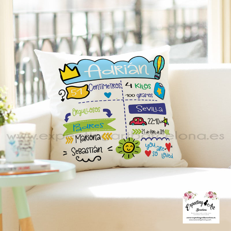 Cojín nacimiento de bebé personalizado con nombre y datos de nacimiento| Funda desenfundable (35cm x 35cm 40cm x 40cm)
