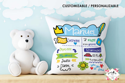 Cojín nacimiento de bebé personalizado con nombre y datos de nacimiento| Funda desenfundable (35cm x 35cm 40cm x 40cm)
