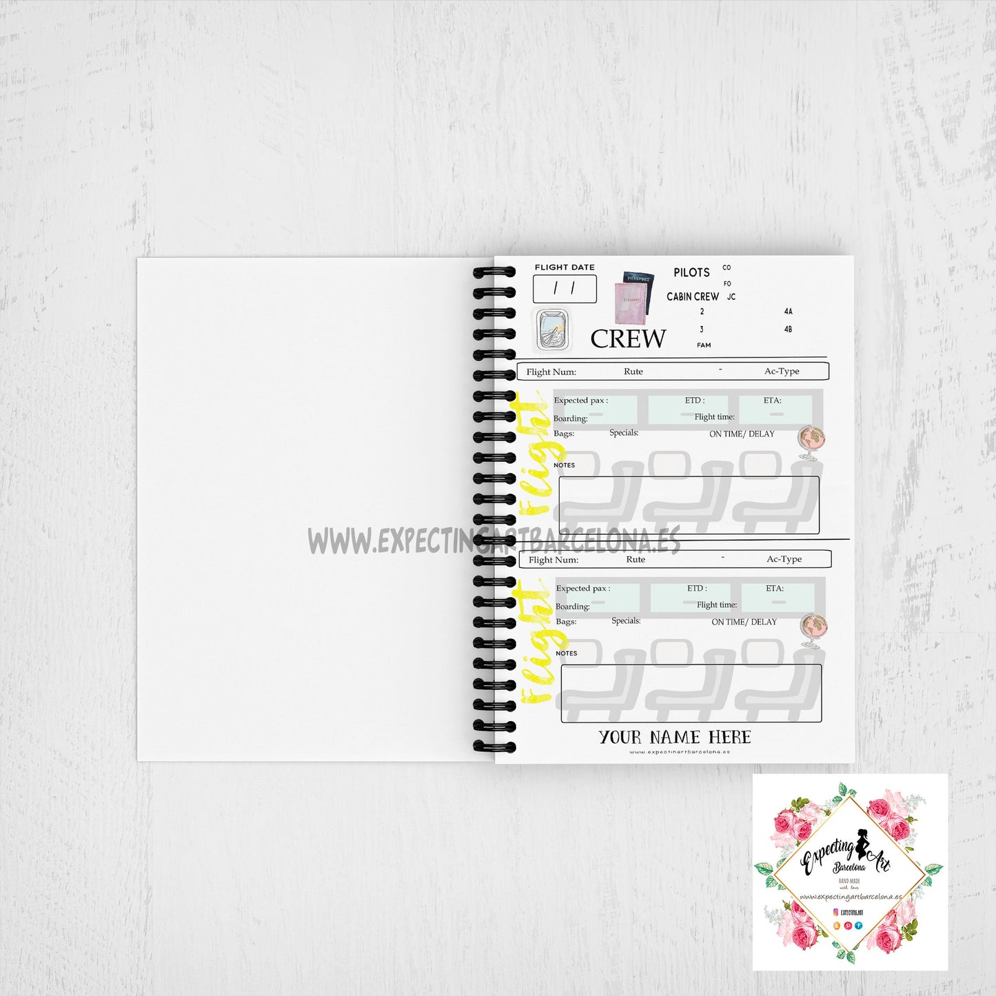 Agenda de vuelo para cabin crew personalizable. Modelo pantalla salidas y llegadas.