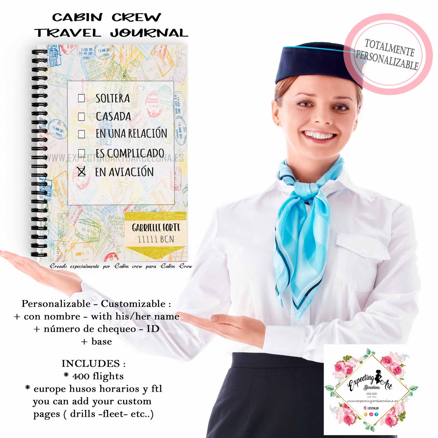 Agenda de vuelo para cabin crew personalizable. Modelo " Estado civil: En aviación"