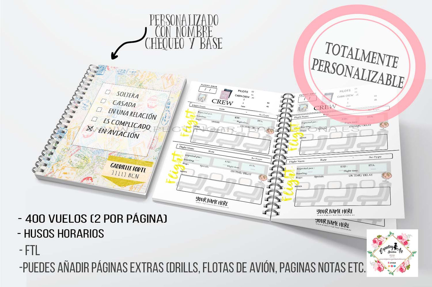 Agenda de vuelo para cabin crew personalizable. Modelo " Estado civil: En aviación"