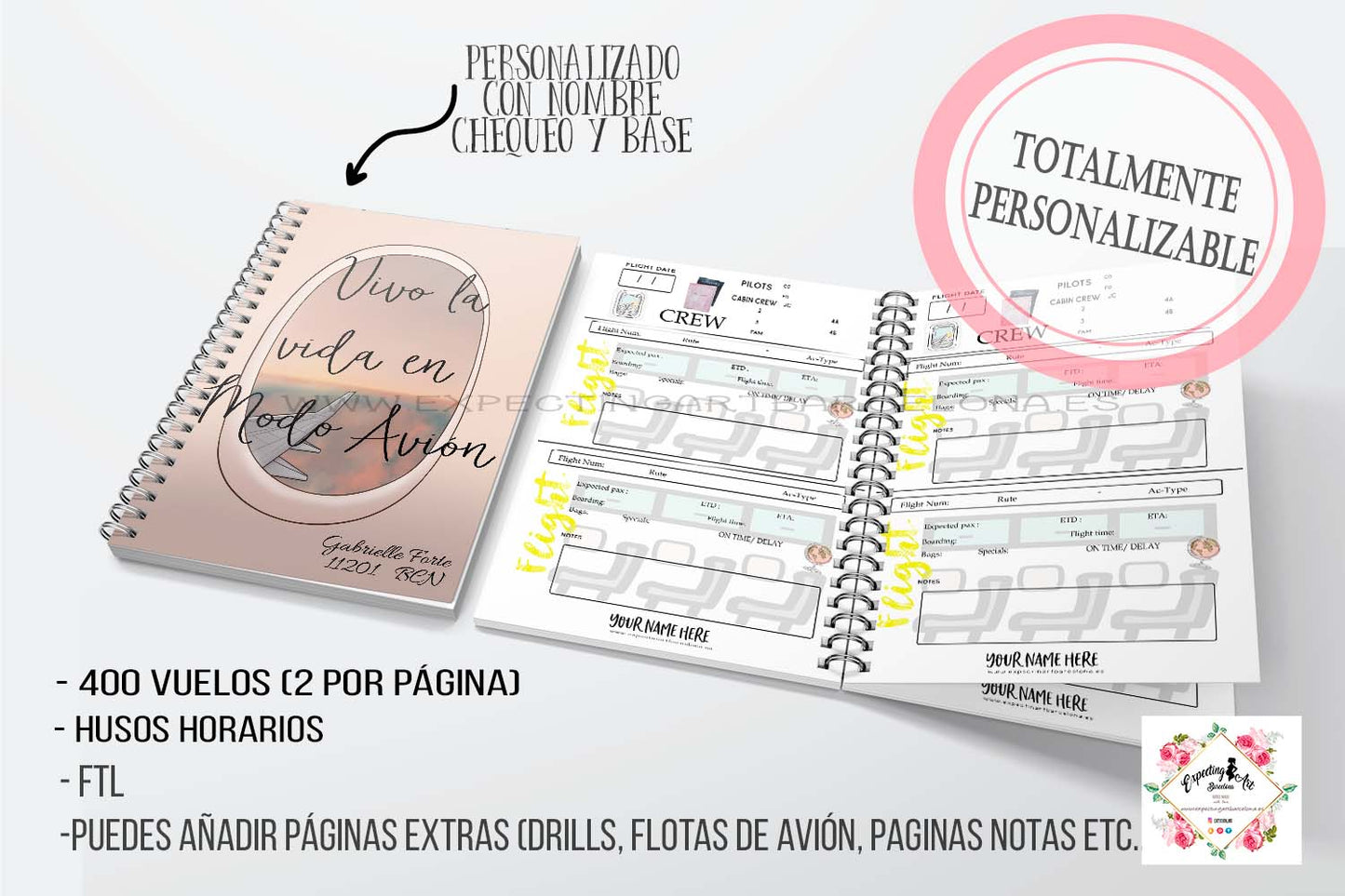 Agenda de vuelo personalizable para Cabin Crew. Modelo " Vivo la vida en modo avión".