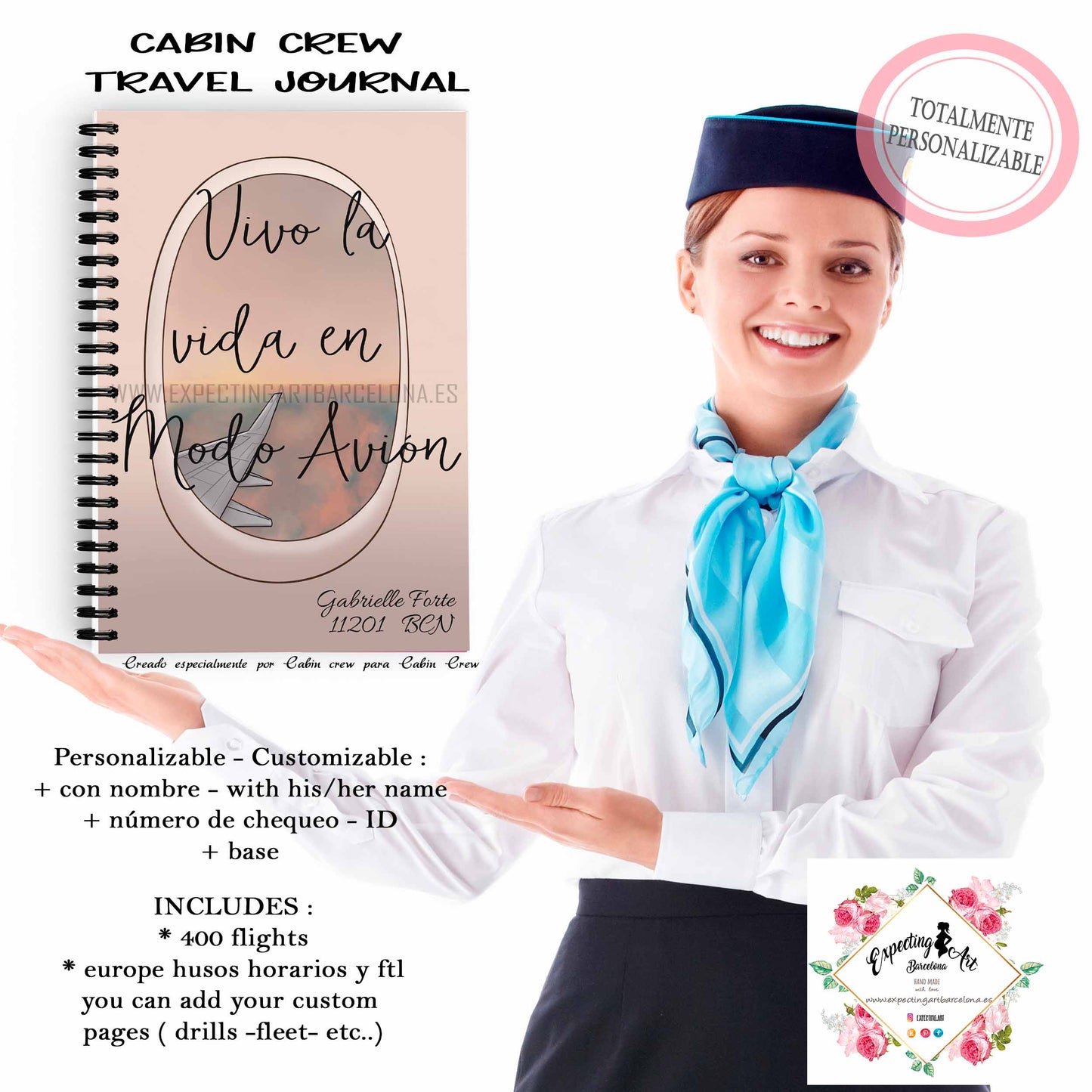 Agenda de vuelo personalizable para Cabin Crew. Modelo " Vivo la vida en modo avión".