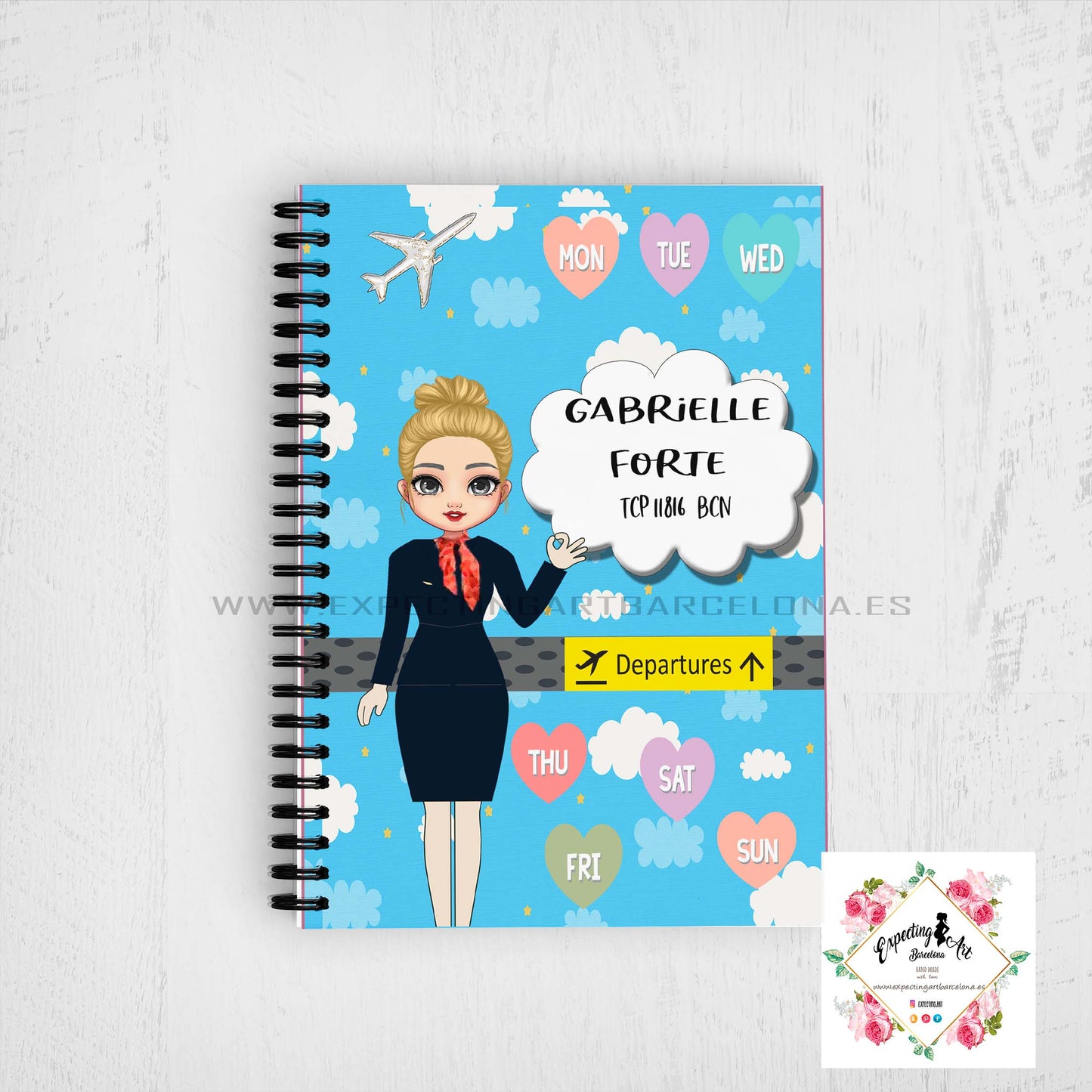 Agenda de vuelo para cabin crew personalizable. Modelo "Stewardess Blue Clouds".