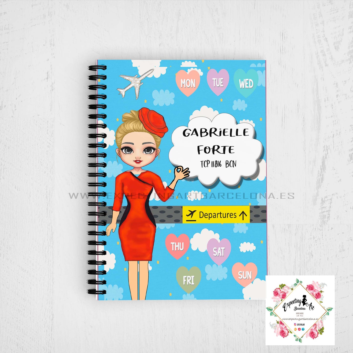 Agenda de vuelo para cabin crew personalizable. Modelo "Stewardess Blue Clouds".