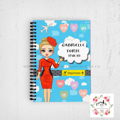 Agenda de vuelo para cabin crew personalizable. Modelo "Stewardess Blue Clouds".