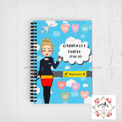 Agenda de vuelo para cabin crew personalizable. Modelo "Stewardess Blue Clouds".