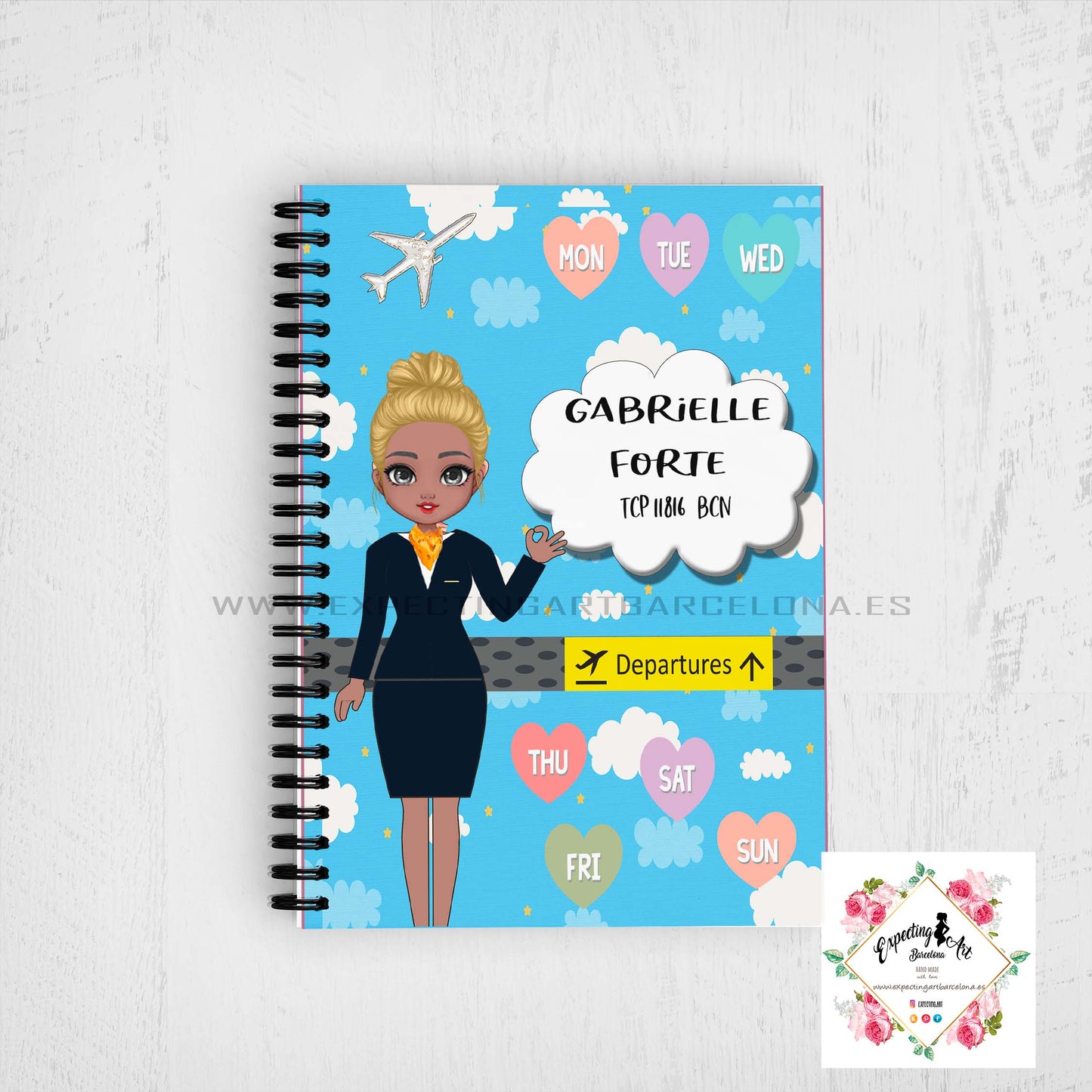 Agenda de vuelo para cabin crew personalizable. Modelo "Stewardess Blue Clouds".