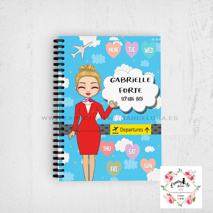 Agenda de vuelo para cabin crew personalizable. Modelo "Stewardess Blue Clouds".