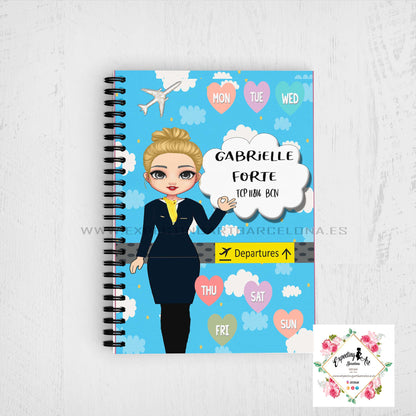 Agenda de vuelo para cabin crew personalizable. Modelo "Stewardess Blue Clouds".