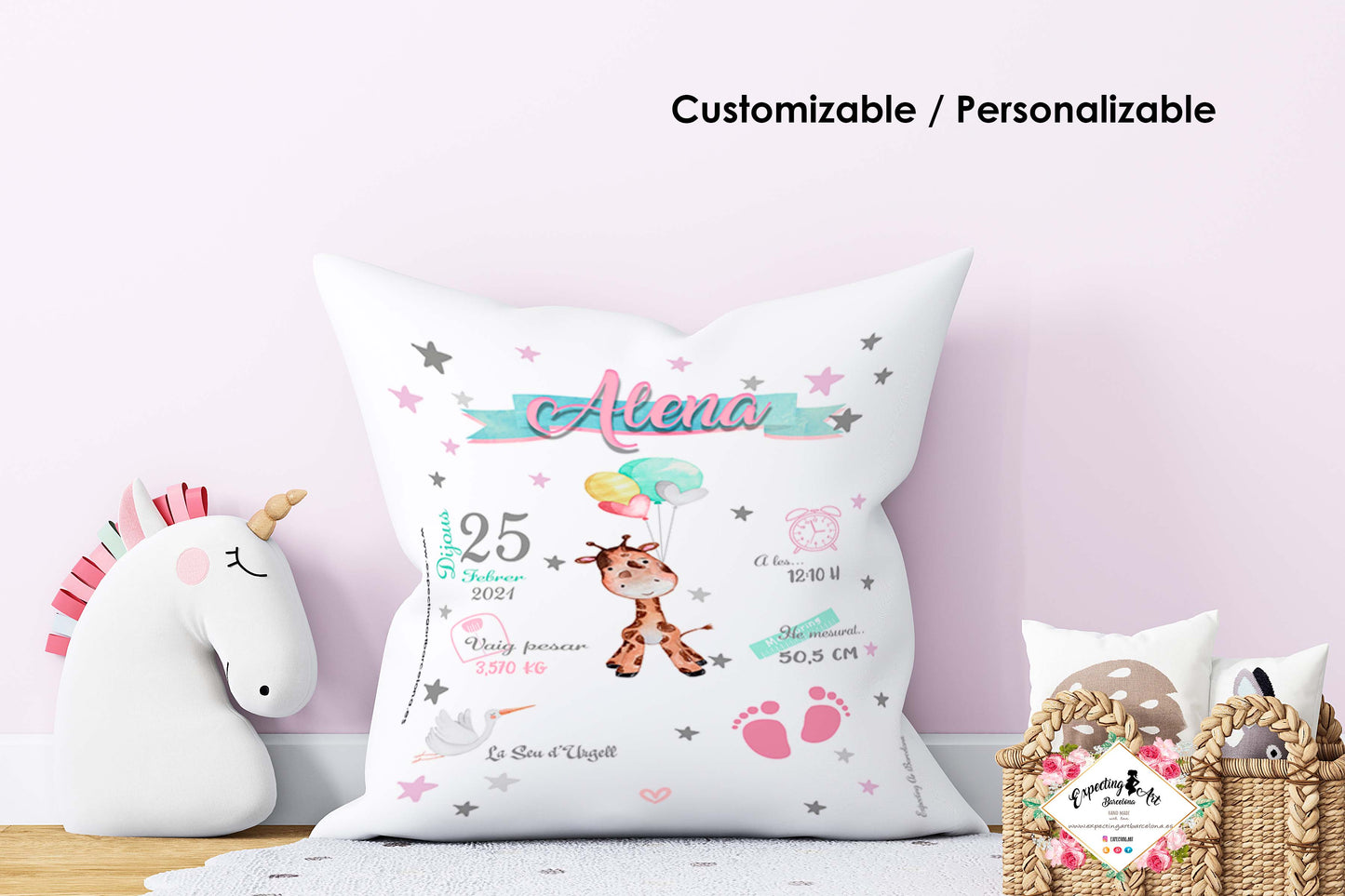 Cojín para niño personalizado con nombre| Modelo Jirafa| Funda desenfundable (35cm x 35cm 40cm x 40cm)