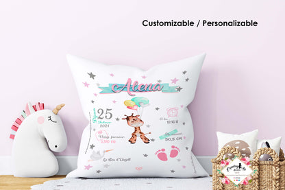 Cojín para niño personalizado con nombre| Modelo Jirafa| Funda desenfundable (35cm x 35cm 40cm x 40cm)