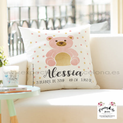 Cojín nacimiento de bebé personalizado con nombre| Modelo Osito rosa Laia| Funda desenfundable (35cm x 35cm 40cm x 40cm)