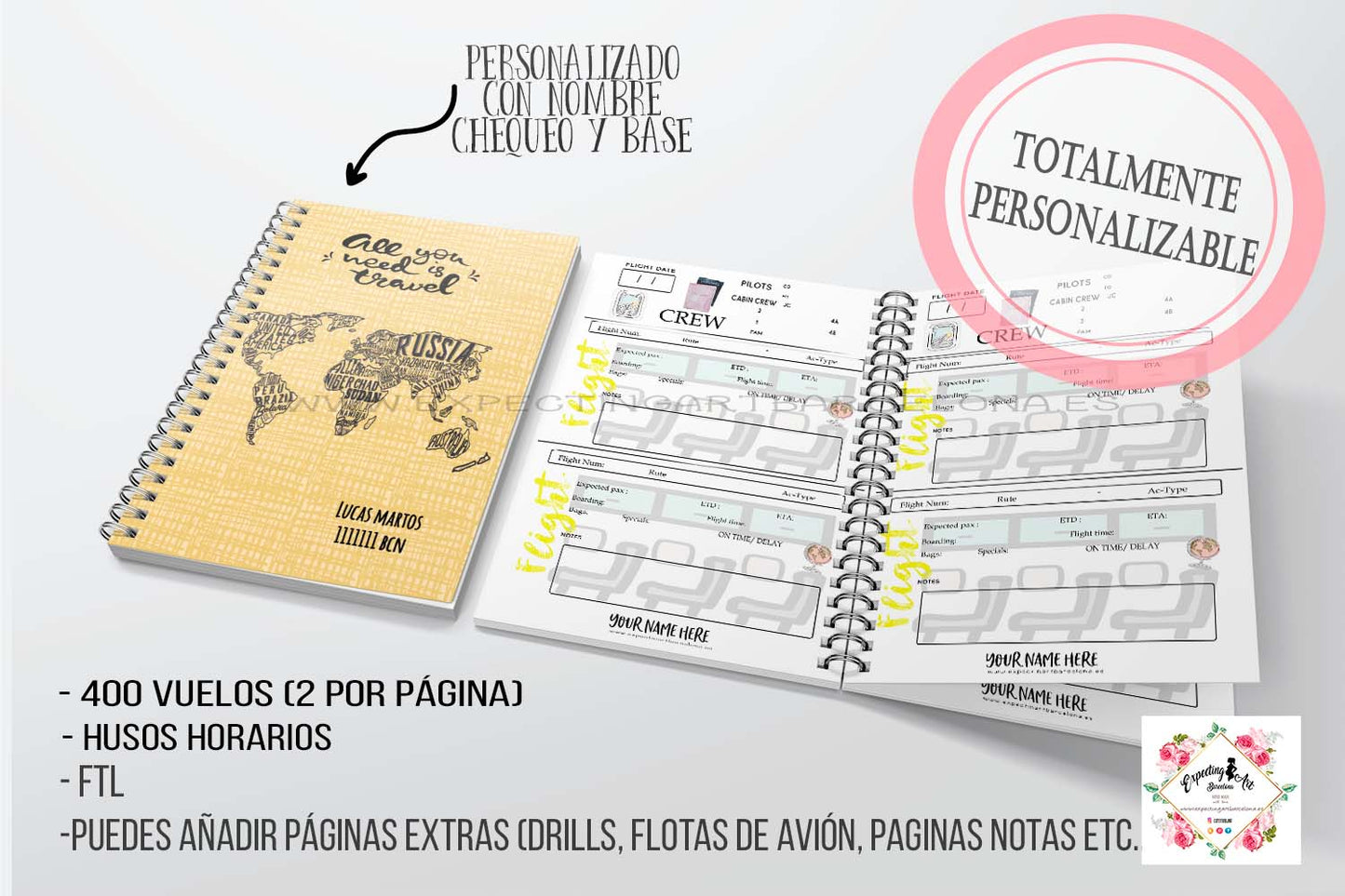 Agenda de vuelo para cabin crew personalizable. Modelo " All you need is Travel".