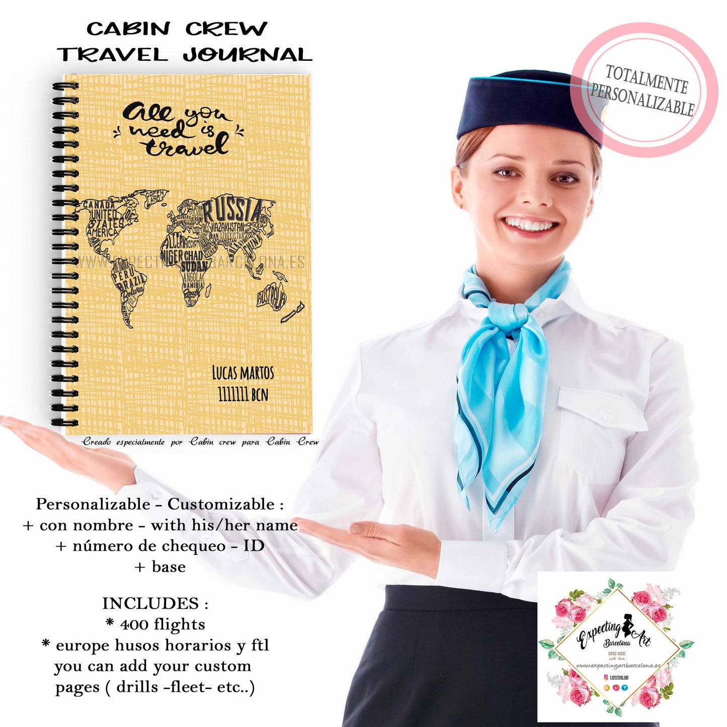 Agenda de vuelo para cabin crew personalizable. Modelo " All you need is Travel".