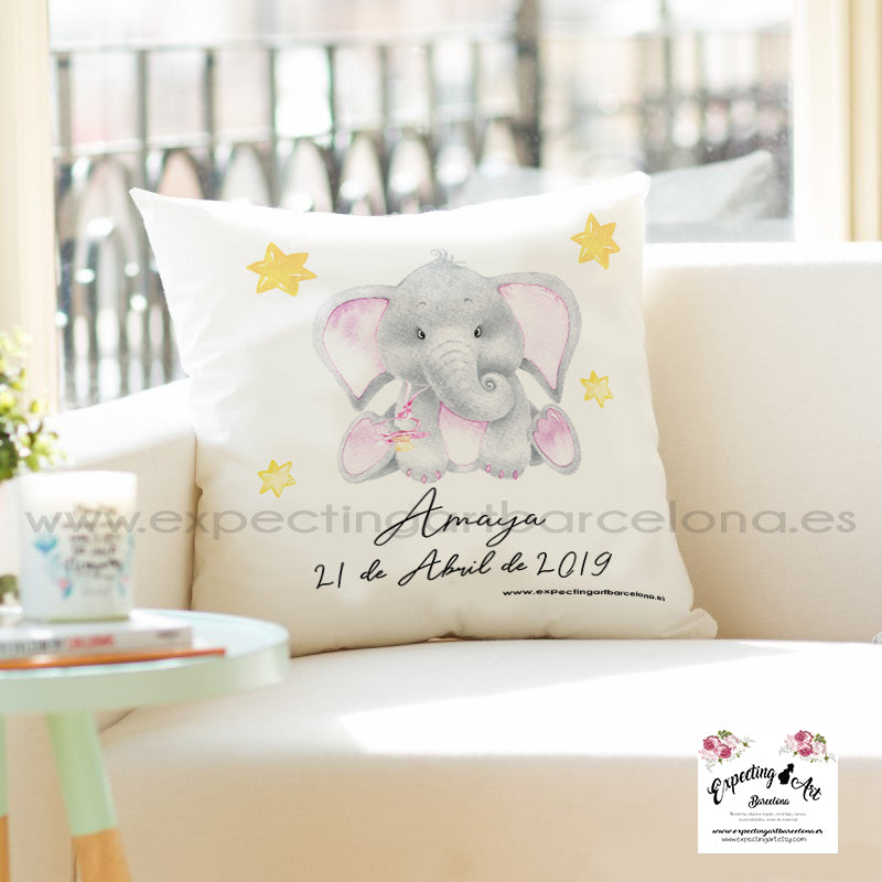 Cojín nacimiento de bebé personalizado con nombre| Modelo Elefantito Amaya| Funda desenfundable (35cm x 35cm 40cm x 40cm)