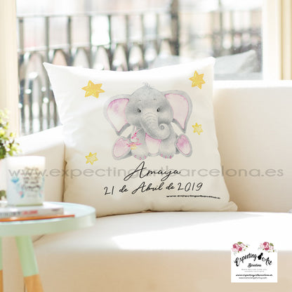 Cojín nacimiento de bebé personalizado con nombre| Modelo Elefantito Amaya| Funda desenfundable (35cm x 35cm 40cm x 40cm)